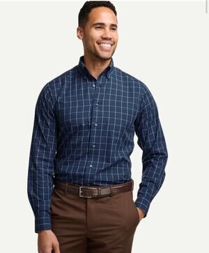 Paul Fredrick Blue Grid Check Dress Shirt Mens 17.5  Button Down Long Sleeve New